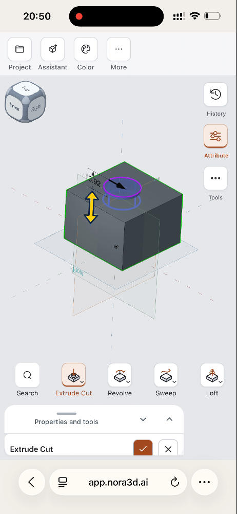 Nora3D on a phone with Extrude Cut selected and an on-model arrow for adjusting the circular cut