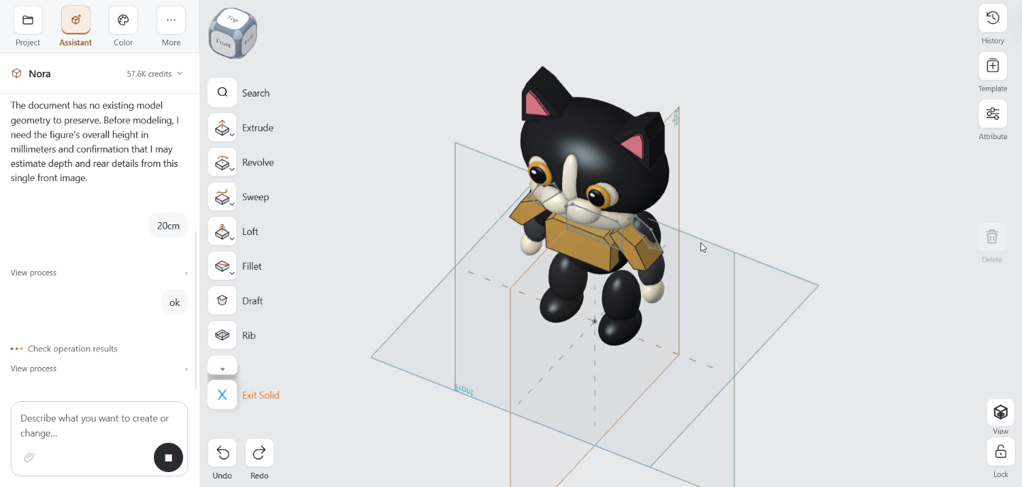 Nora3D workspace showing the samurai cat midway through construction, with its face, limbs, and early armor panels